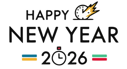 Happy New Year 2026 Celebration with Clock and Festive Design.
