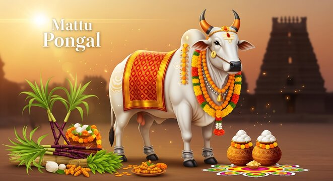 Decorated bull and harvest offerings for pongal festival