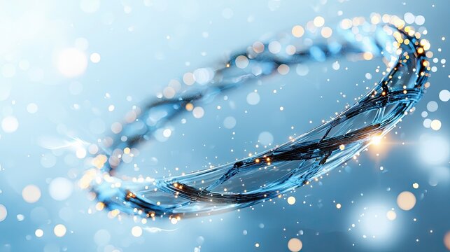 A close-up, abstract view of a swirling vortex of blue liquid with embedded golden particles and soft, out-of-focus bokeh lights.