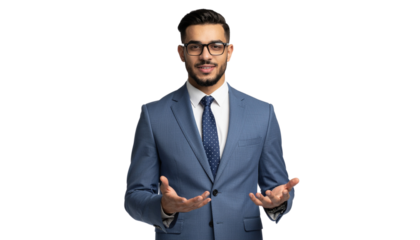 Smiling Businessman in Blue Suit with Open Hands, Portrait 28