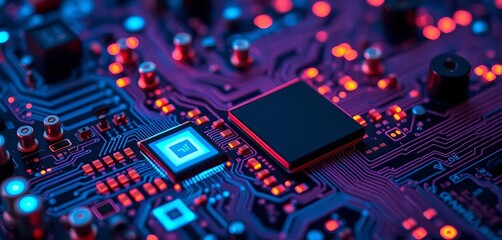 Close-up of a complex circuit board, glowing blue, representing artificial intelligence processing,  deep learning,  glow