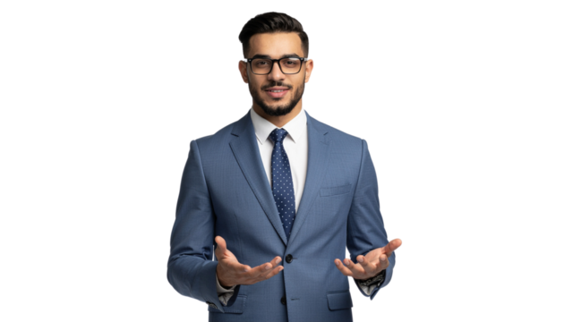 Smiling Businessman in Blue Suit with Open Hands, Portrait 28