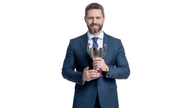 Smiling corporate winner holding a gold trophy, a symbol of business achievement and professional victory, isolated subject png cutout - Powered by Adobe