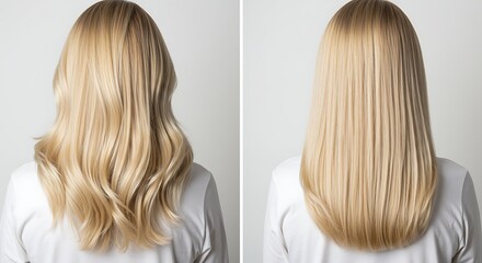 Naklejka premium Blonde hair transformation from wavy to sleek in comparison studio