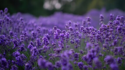 Beautiful lavender field in full bloom with vibrant purple flowers and soft green background, creating a serene and calming atmosphere