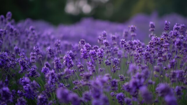Beautiful lavender field in full bloom with vibrant purple flowers and soft green background, creating a serene and calming atmosphere - Powered by Adobe