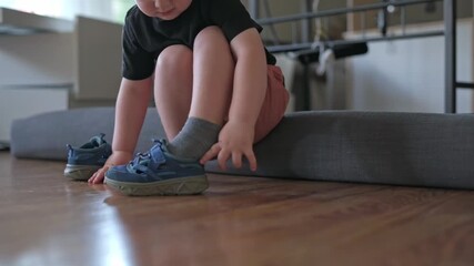 children wear sneakers peacefully, children smoothly slip their footwear on during serene morning routine, young kids systematically organize and put on their shoes in calm of morning children