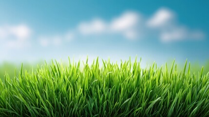 Lush Green Grass with a Bright Blue Sky and Soft Fluffy Clouds in the Background Perfect for Nature and Outdoor Themes