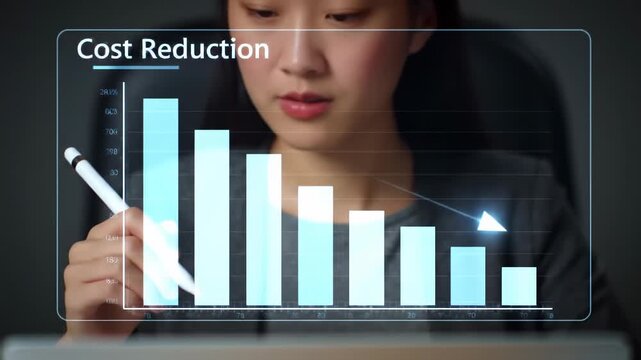 A woman analyzes a blue cost reduction graph on a transparent screen with a stylus in a dark room, highlighting financial data and business analysis.