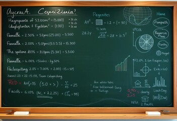 AI-powered chalkboard displaying data, equations, and diagrams, background, learning