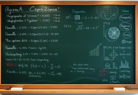 AI-powered chalkboard displaying data, equations, and diagrams,  background,  learning - Powered by Adobe