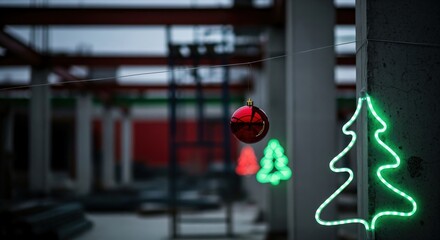 Festive red Christmas bauble and glowing green neon tree lights adorn a modern, blurred industrial construction site, blending holiday cheer with urban development.