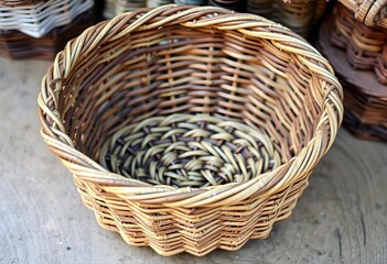 Obraz premium Empty woven basket bin, rustic texture, natural fiber, storage, empty basket