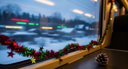 Cozy holiday travel scene with Christmas tinsel and pinecone by a train window in winter