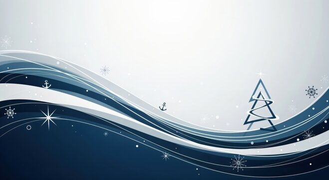 Abstract Blue Winter Holiday Background with Wavy Lines, Festive Snowflakes, Nautical Anchors, and a Modern Christmas Tree Design - Powered by Adobe