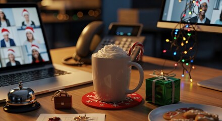 Festive office desk with a laptop showing a virtual Christmas meeting, hot chocolate, and holiday decorations, symbolizing remote work celebration.
