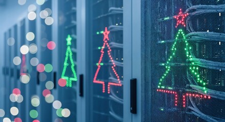 Festive holiday season in a modern data center with glowing Christmas tree lights illuminating server racks and IT infrastructure, symbolizing digital celebration.