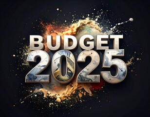 Bold 3D "BUDGET 2025" text with abstract colorful splash on dark background