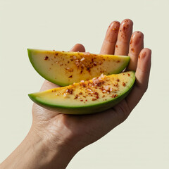 Fresh hand holding a delicious green cucumber slice and a whole melon