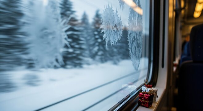 Cozy winter train journey with frosted window and small Christmas presents on the sill, passing through a snowy forest landscape. - Powered by Adobe