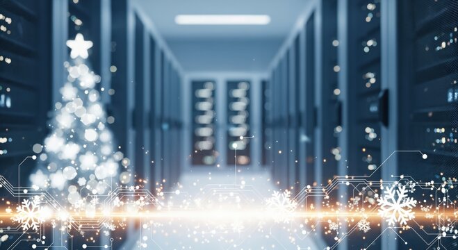 Digital Christmas Tree in Modern Data Center Aisle with Glowing Snowflakes and Circuit Board Patterns, Representing Festive Technology and Secure Holiday Season