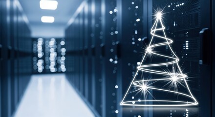 Digital Christmas tree glowing brightly in a modern data center server room, symbolizing holiday tech, connectivity, and festive innovation.