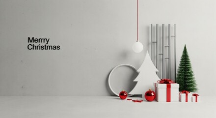 Modern Minimalist Merry Christmas Holiday Scene with White and Green Trees, Red Ornaments, and Gift Boxes