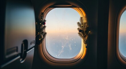 Festive airplane window adorned with Christmas decorations, offering a serene view of the sky during a golden hour flight, symbolizing holiday travel and peaceful journeys.