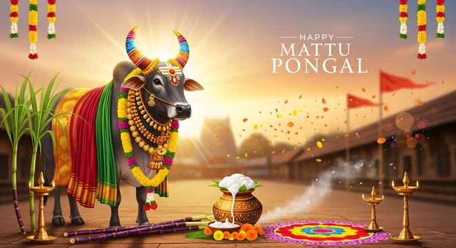 Decorated bull and pongal pot with traditional indian village scene