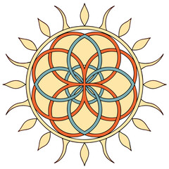 Vector Intricate mandala sun design featuring interlocking circles and vibrant colors, radiating warmth