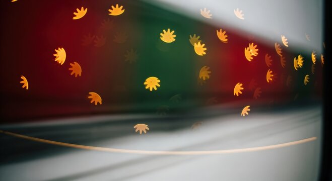 Abstract golden hand-like bokeh lights creating a festive and magical atmosphere on a blurred red and green gradient background, perfect for holiday designs.