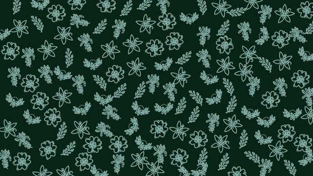 A detailed seamless floral pattern featuring tiny flower and leaf illustrations on a deep green background, perfect for backgrounds, textiles, and decorative design projects.