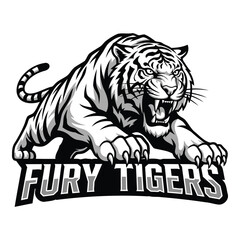 Fototapeta premium Powerful tiger roaring illustration in black and white color scheme