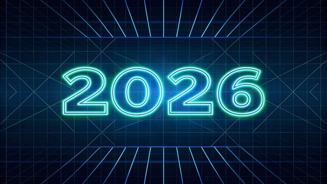 Futuristic Neon Grid New Year 2026 Design With Glowing Blue Lines And Tech Style Background Creating Modern Digital Look - Powered by Adobe