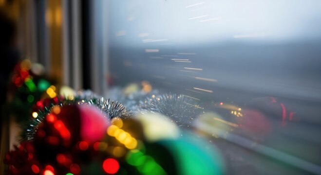Festive Christmas decorations with colorful baubles and sparkling tinsel by a window, reflecting blurred outdoor lights and a hazy winter scene