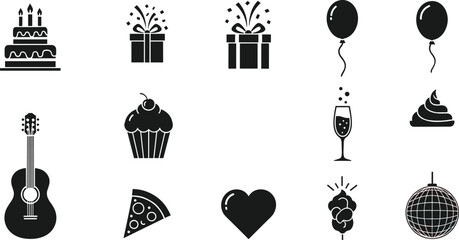 Black silhouette party and birthday icon set featuring cake, gift, balloon, guitar, and food, vector illustration isolated on white.