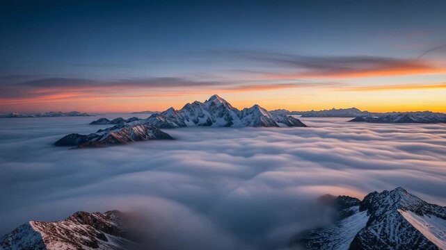 Majestic mountain peaks pierce clouds at sunrise, breathtaking dawn landscape. Skys warm hues illuminate rugged, snow capped nature outdoors, evoking awe and tranquility