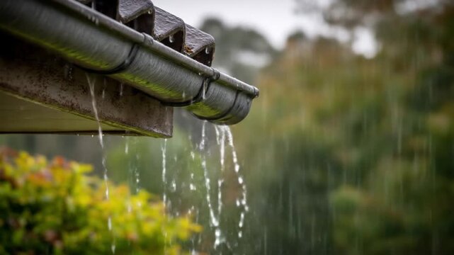 Close-up of a rain-drenched gutter dripping water, with a lush, blurred garden in the background ..