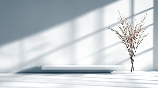 A clean, minimalist scene featuring a white rectangular shelf against a textured wall, with a bunch of dried grass and dappled sunlight casting shadows.