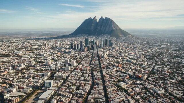 Monterreys Cerro de la Silla Nuevo Leon, Mexicos urban cityscape, mountain aerial perspective reveals breathtaking skyline where architecture meets natural grandeur, showcasing impressive urban