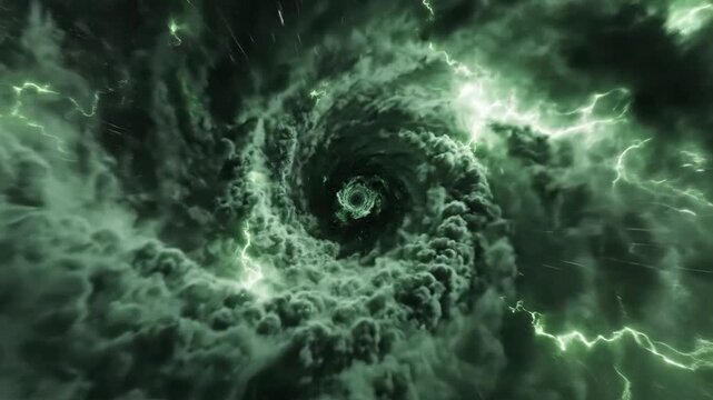 Dramatic swirling storm clouds illuminated by eerie green lightning create a powerfully ominous and apocalyptic atmosphere for intense storytelling