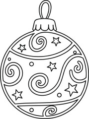 Christmas ball ornament line art, decorative bauble with stars and swirl pattern, black outline for coloring, vector illustration.