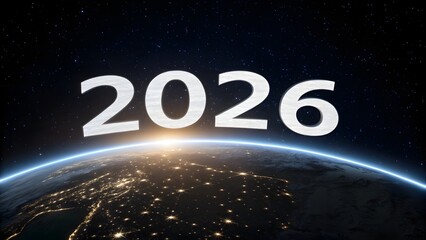 Stunning New Year 2026 Text Rising Above Planet Earth With Glowing Sunrise And Beautiful Space Horizon Background