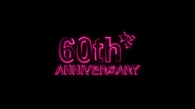 Celebrate 60th anniversary with glowing pink neon text and sparkling stars on a black backdrop, perfect for invitations, cards, and social media posts, evoking joy and milestone achievement