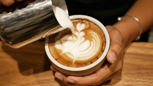 Artistic Latte Pour Creates Intricate Heart Latte Art in Slow Motion.