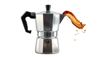 Silver stovetop espresso maker pours out coffee