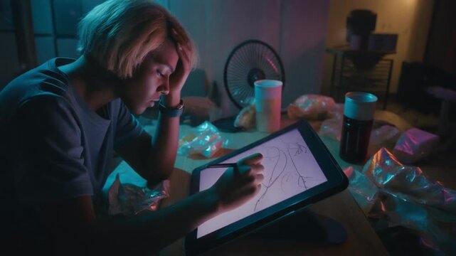 tired blonde artist working late at night in a messy room