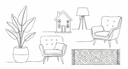 Cozy Living Room Elements Sketch with Armchairs and Plant.