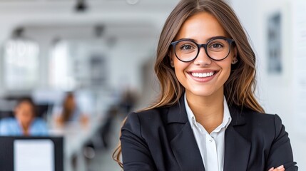 Fototapeta premium Confident businesswoman smiling in professional attire with a city skyline blurred background