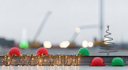 Festive red and green hard hats on a construction site with twinkling Christmas lights and a minimalist wire tree